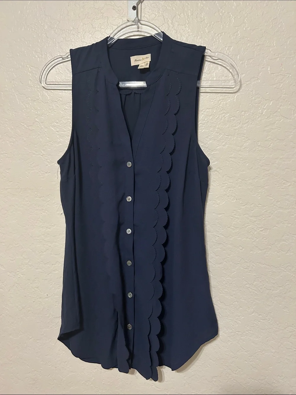 🧩Meadow Rue Anthropologie Sleeveless Scallop-Trim Button Front Navy size 0 GUC